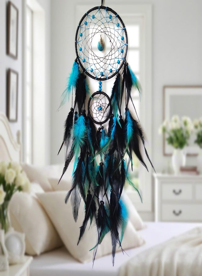 SOYUZU Black and Blue Dream Catcher Wall Decor Feather Dream Catchers with Pendant Handmade Dreamcatcher Wall Hanging Ornament for Bedroom Living Room Home Decor - Image 4